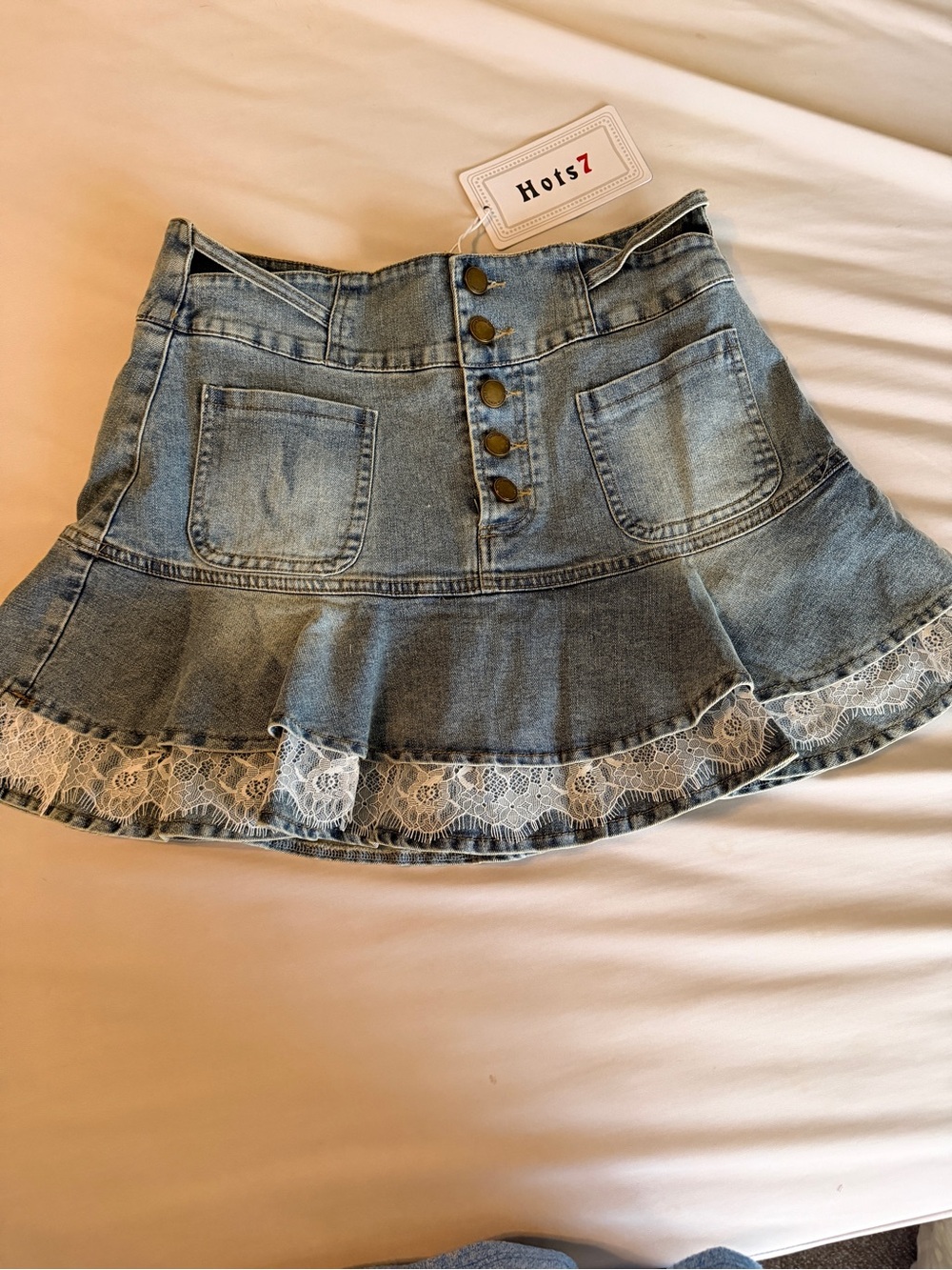 Light Wash Denim Mini Skirt with Lace Trim